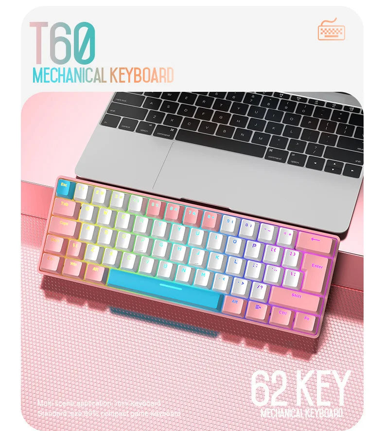 Free Wolf T60 Mechanical Keyboard Color Matching Customized Game Notebook Office Computer 62 Key Mini Keyboard-2