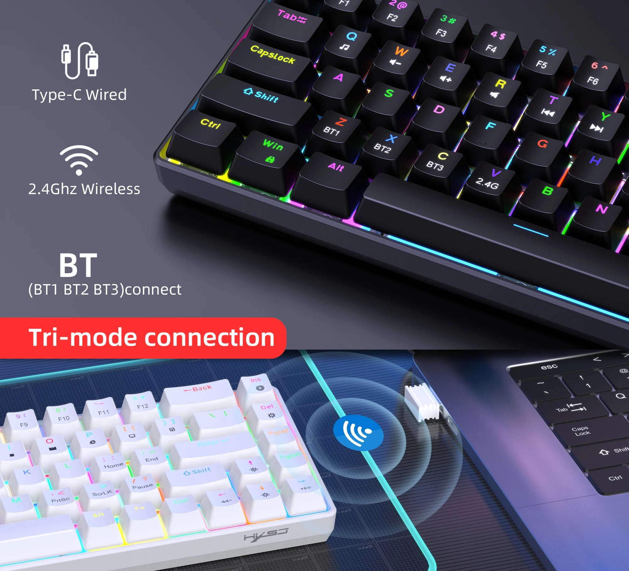 Compact HXSJ V800 68-Key 3-mode Gaming Wireless Mechanical Keyboard USB-C Ergonomic RGB Backlit for Laptop Mac PC-4