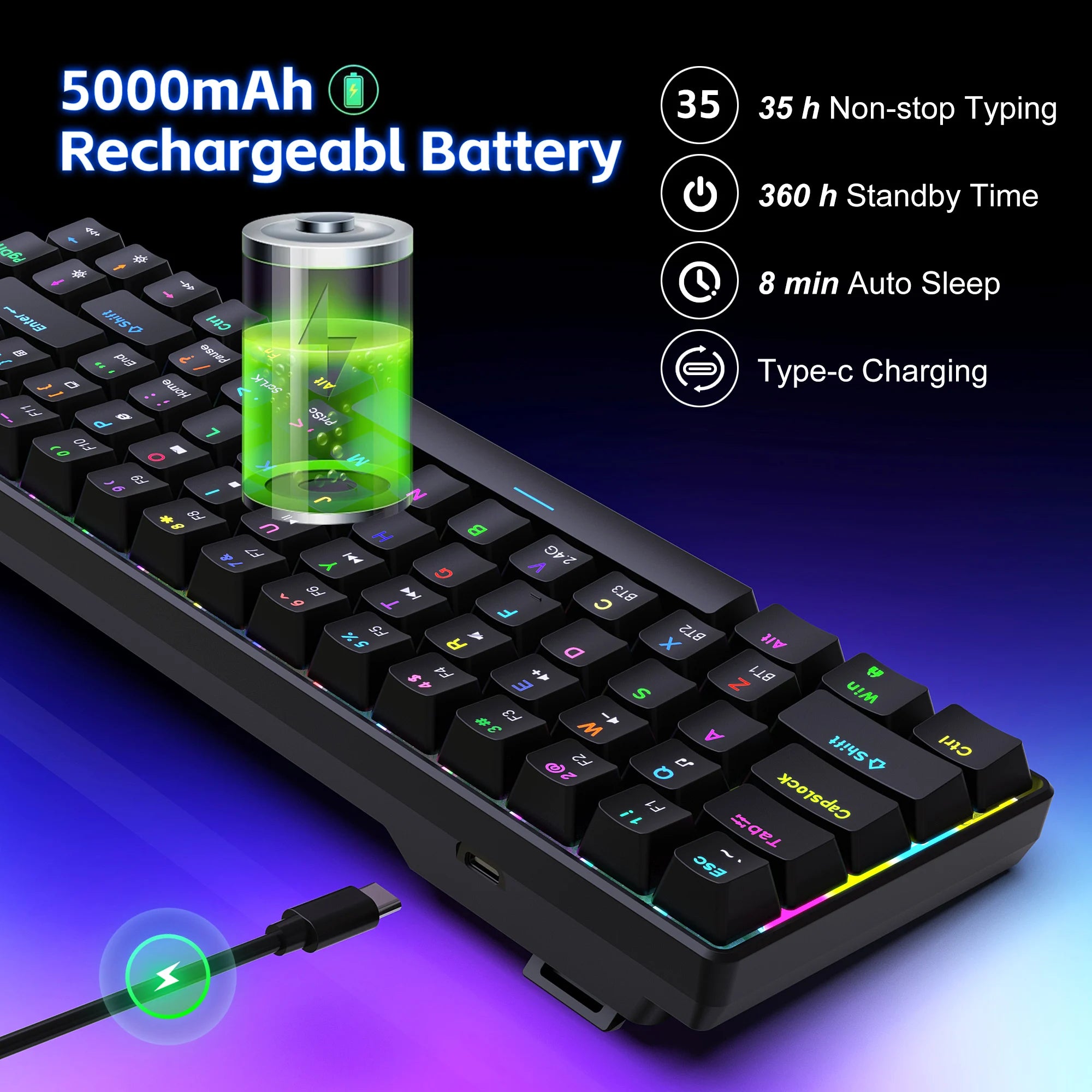 Compact HXSJ V800 68-Key 3-mode Gaming Wireless Mechanical Keyboard USB-C Ergonomic RGB Backlit for Laptop Mac PC-1
