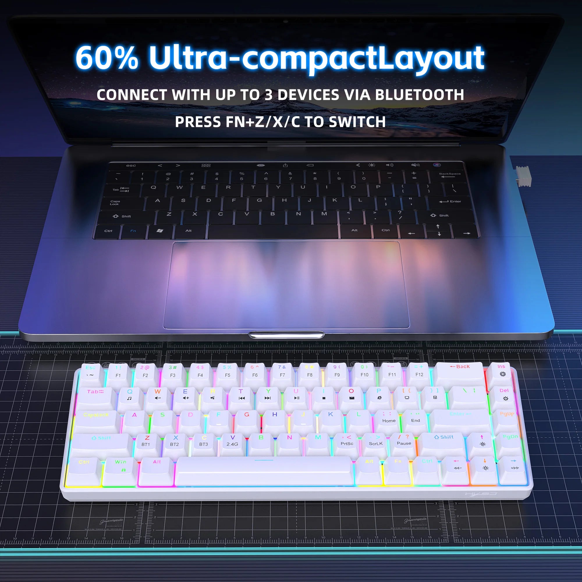 Compact HXSJ V800 68-Key 3-mode Gaming Wireless Mechanical Keyboard USB-C Ergonomic RGB Backlit for Laptop Mac PC-2