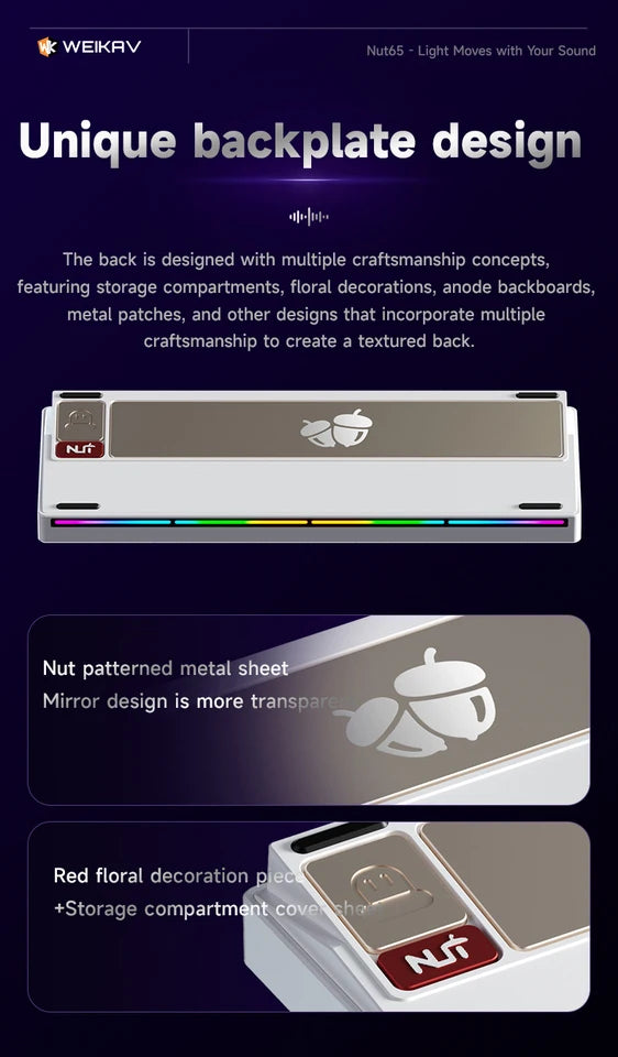 Weikav Nut65 Aluminum Mechanical Gaming Keyboard Kit with Gasket Structure Leaf Spring FR4 Plate Tri Mode 6000mAh Power Source-4