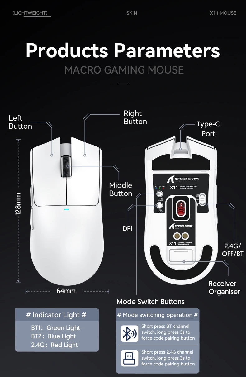 Attack Shark X11 – Wireless Gaming Mouse Series | 1K Hz & RGB Docking