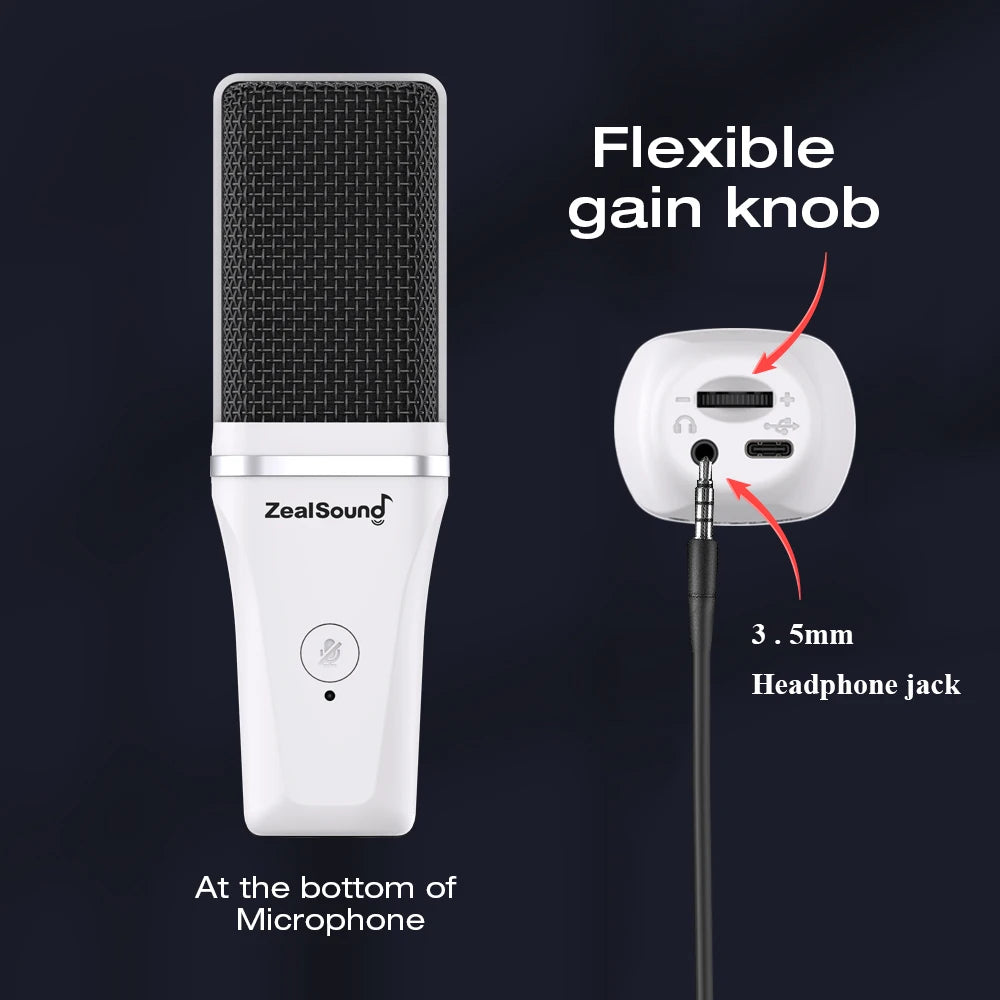 Zealsound RGB White | Professional USB Gaming Mic with Articulated Arm