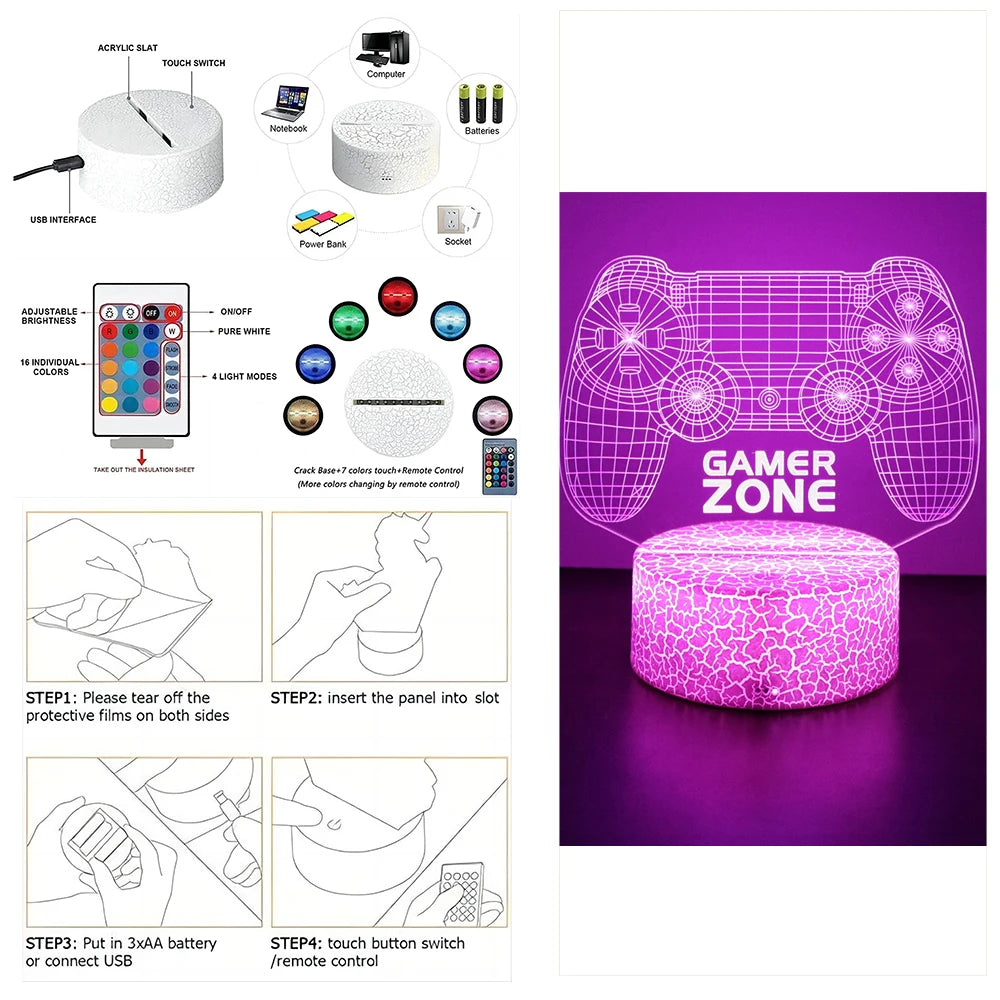 NEON GAMER 3D LED Lamp | RGB Night Light for Gaming Room Setup