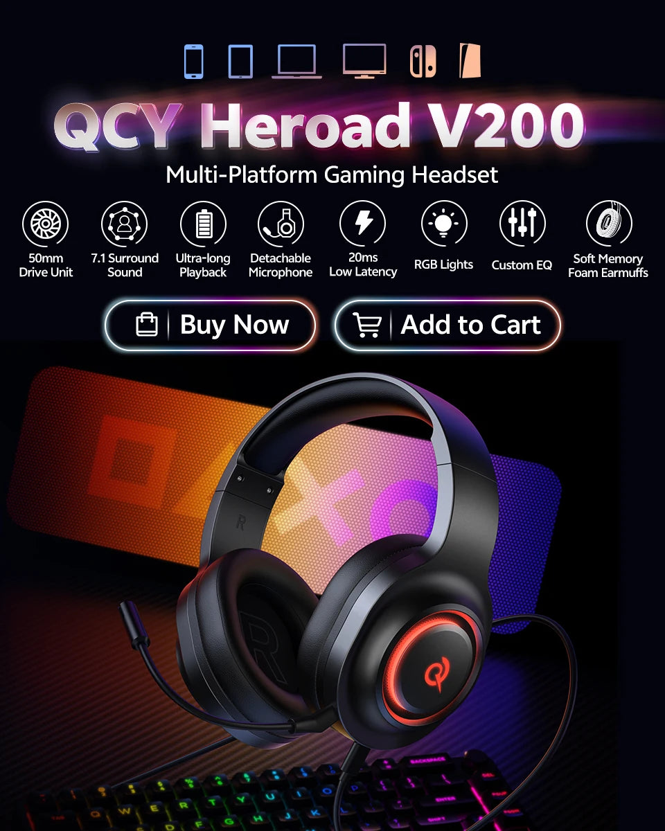 QCY Heroad V200 – Professional Bluetooth 6.0 Gaming Headset | 7.1 Series