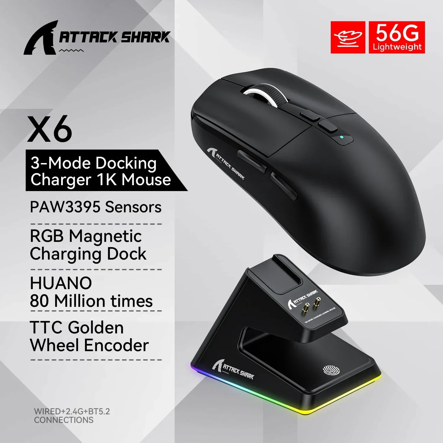 Attack Shark X6: Tri-Mode Wireless Gaming Mouse with Charging Dock
