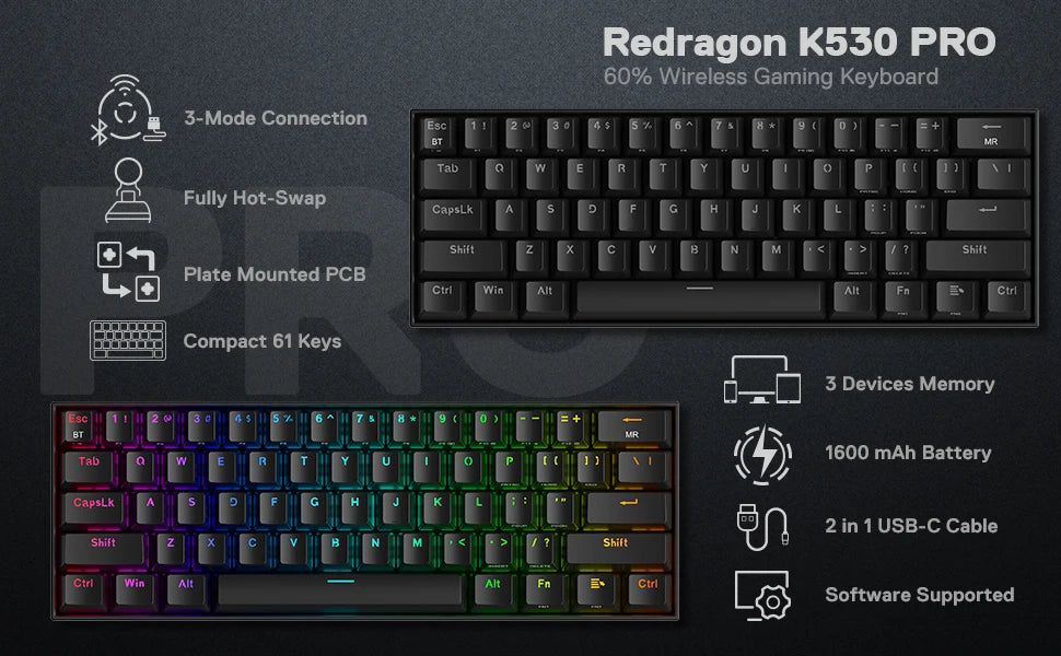 Redragon K530 Pro Keyboard: Tri-Mode Wireless 60% Mechanical