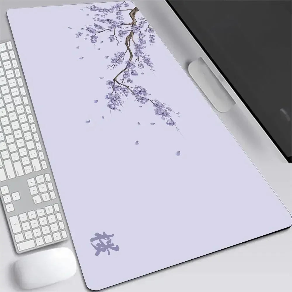 Sakura Anime XXL Gaming Desk Mat – Gray Cherry Blossom Keyboard Pad