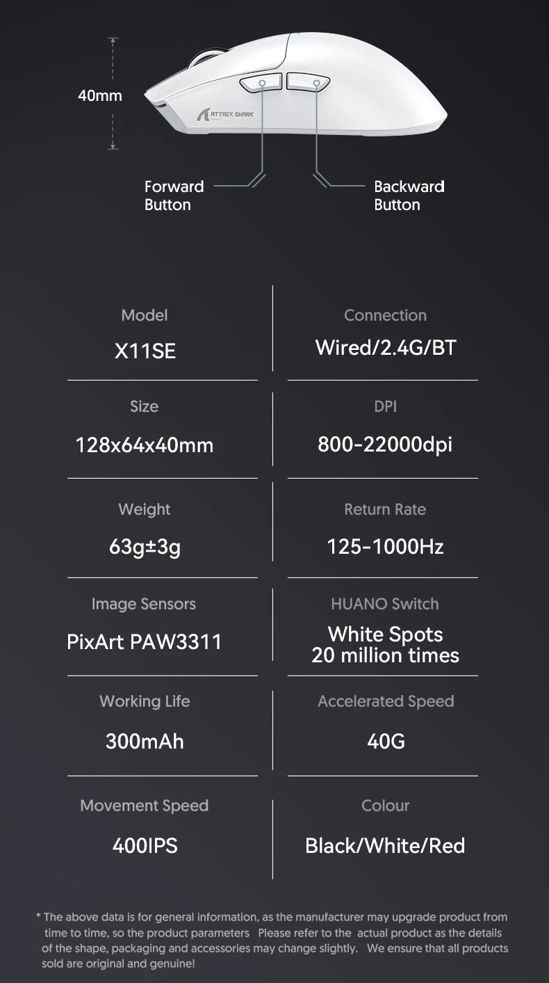 ATTACK SHARK X11SE Ultra-Light: 63g Wireless Gaming Mouse (22K DPI)