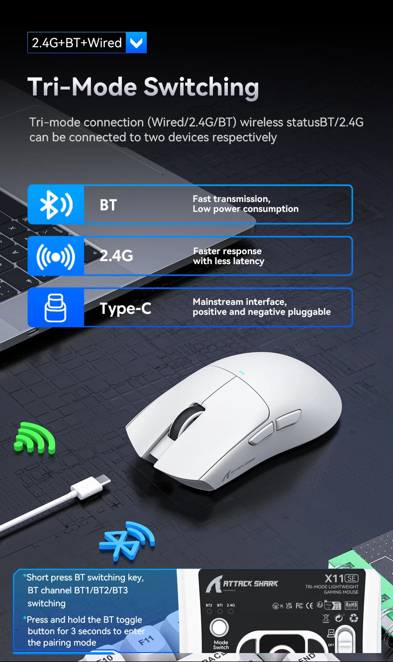 ATTACK SHARK X11SE Ultra-Light: 63g Wireless Gaming Mouse (22K DPI)