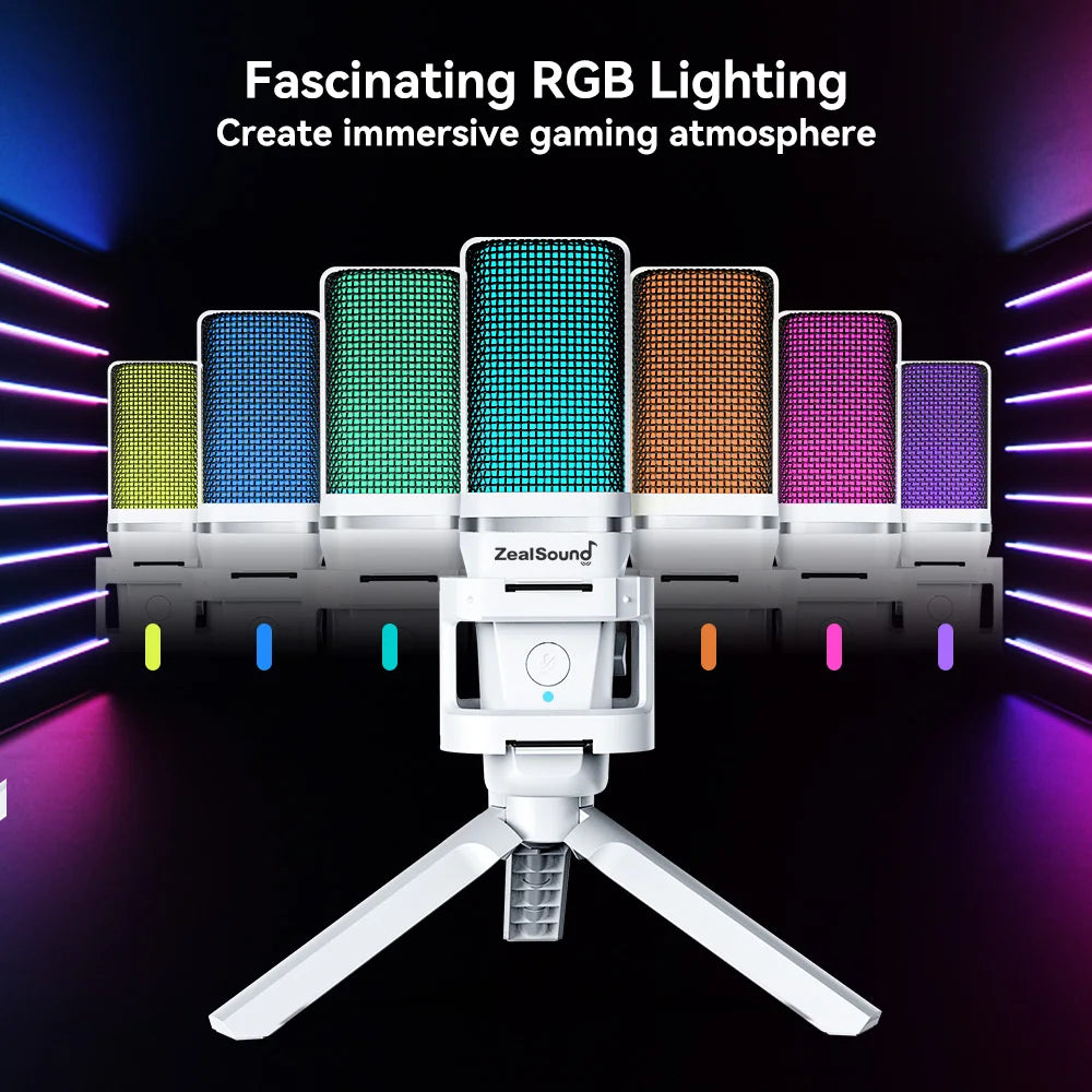 Zealsound RGB White | Professional USB Gaming Mic with Articulated Arm