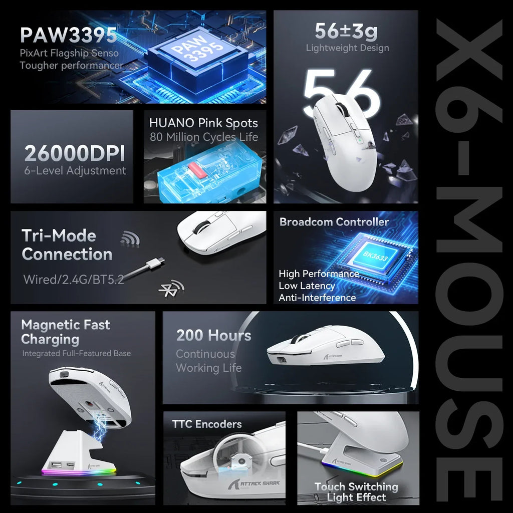 Attack Shark X6: Tri-Mode Wireless Gaming Mouse with Charging Dock