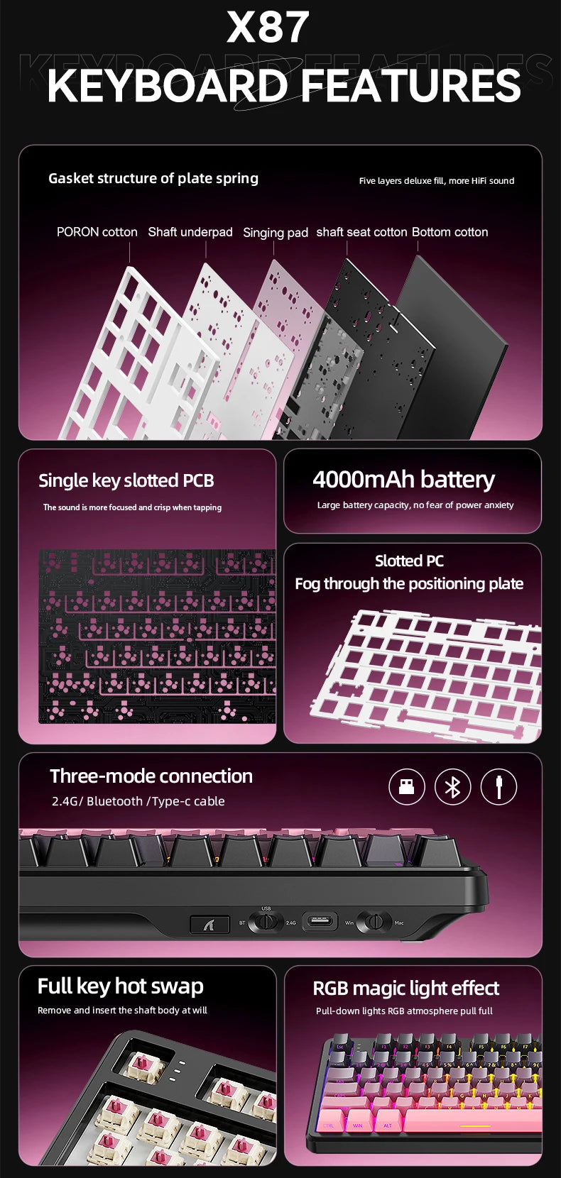 Attack Shark Keyboard X87: Tri-Mode Side-Lit Mechanical