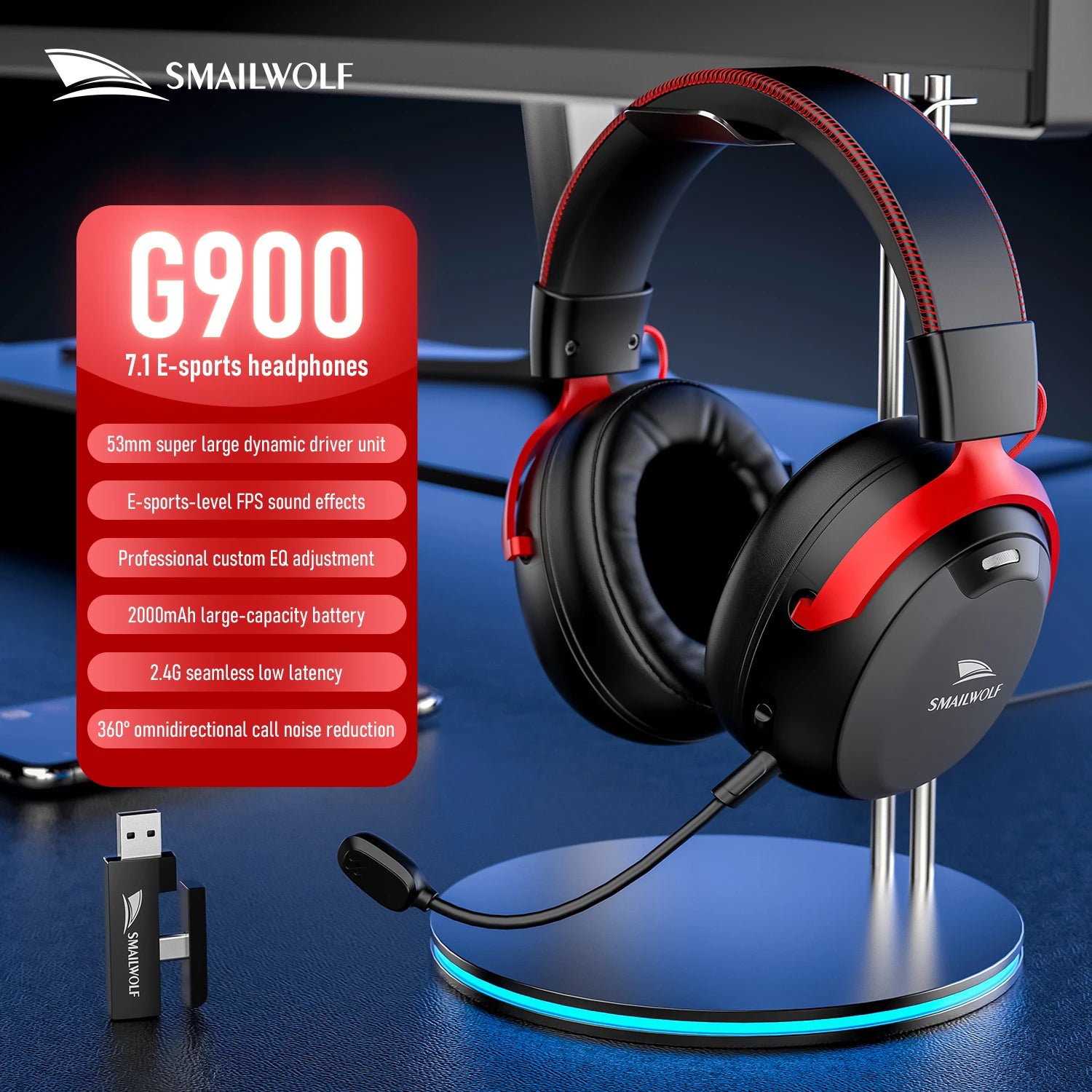 SMAILWOLF L80/ G900 PRO – High-Performance Tri-Mode Wireless Headset for PC & Laptop