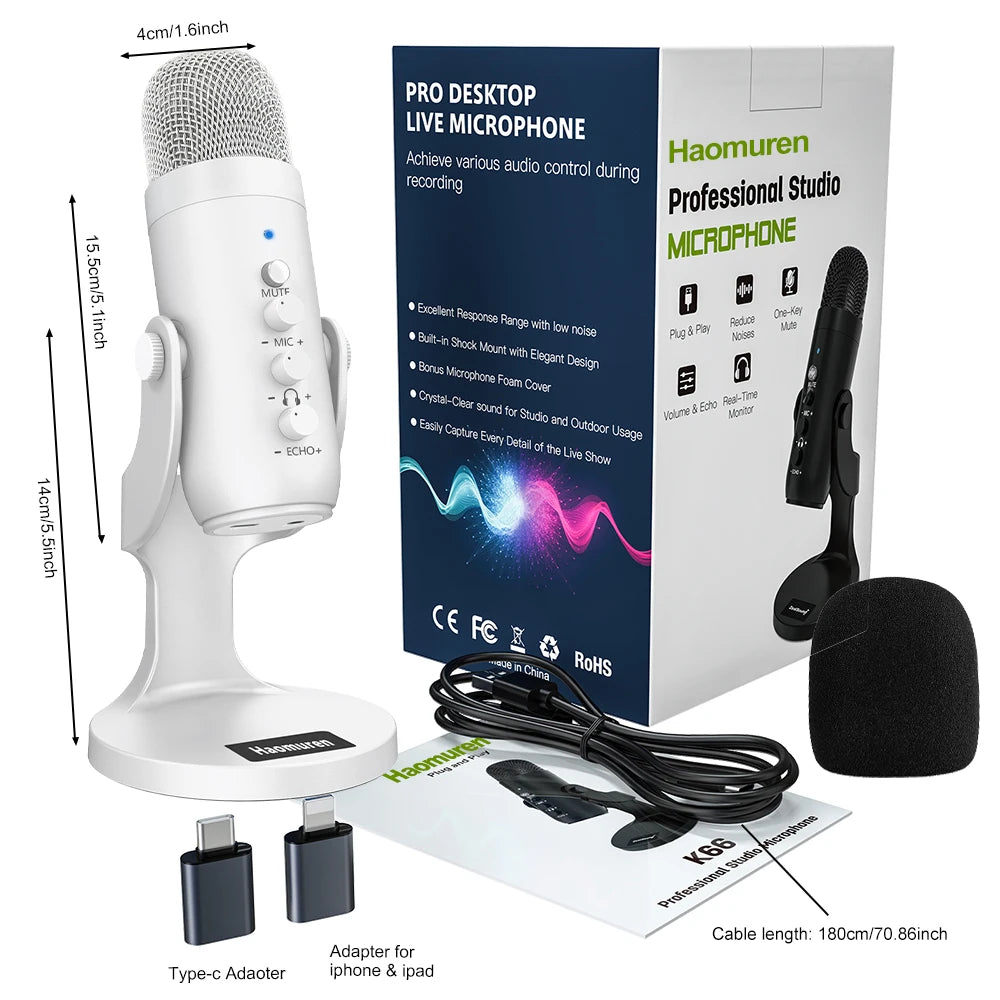 Haomuren White Series – Professional USB Studio Mic for Content Creators