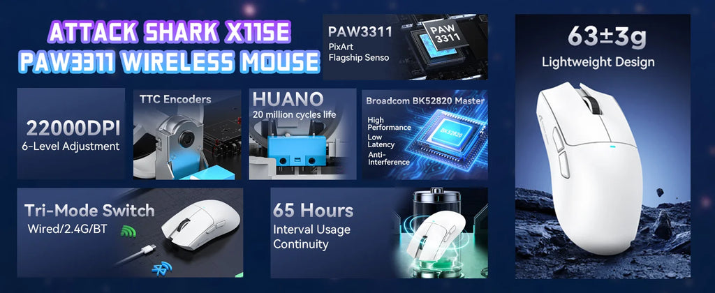 ATTACK SHARK X11SE Ultra-Light: 63g Wireless Gaming Mouse (22K DPI)