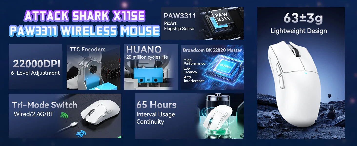 ATTACK SHARK X11SE Ultra-Light: 63g Wireless Gaming Mouse (22K DPI)