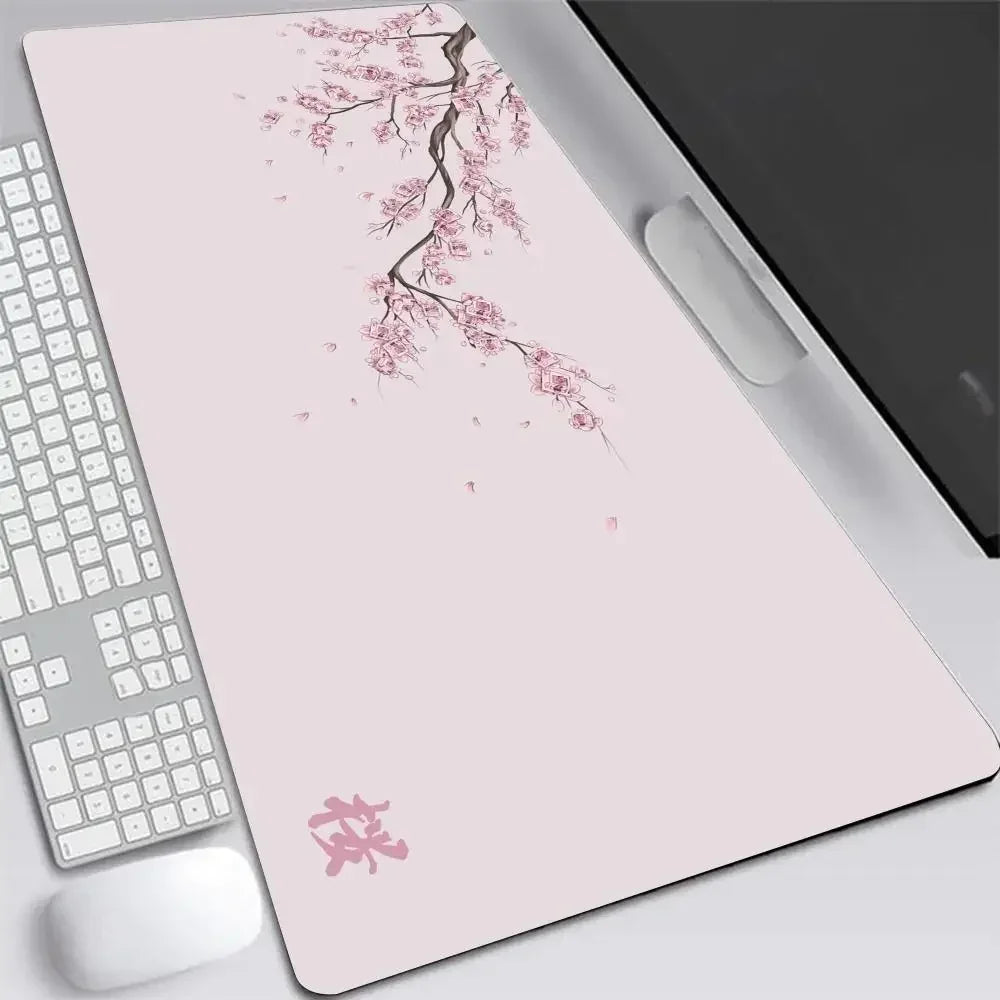 Sakura Anime XXL Gaming Desk Mat – Gray Cherry Blossom Keyboard Pad