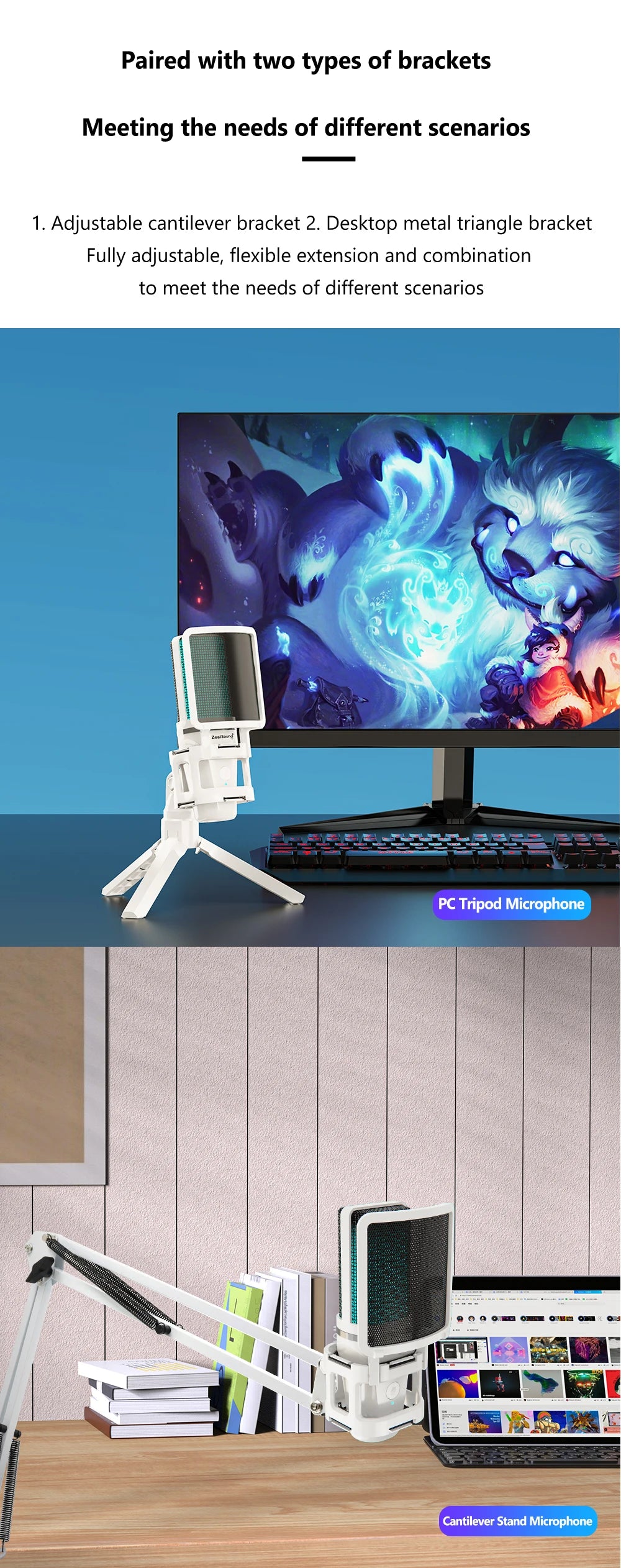 Zealsound RGB White | Professional USB Gaming Mic with Articulated Arm