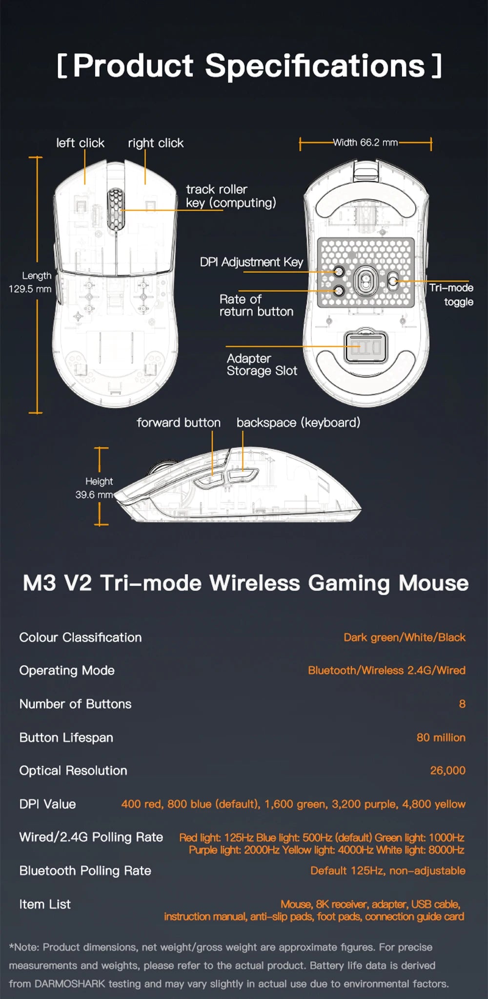 Darmoshark M3 V2 Double 8K: PAW3395 Sensor | 26K DPI Tri-Mode Mouse