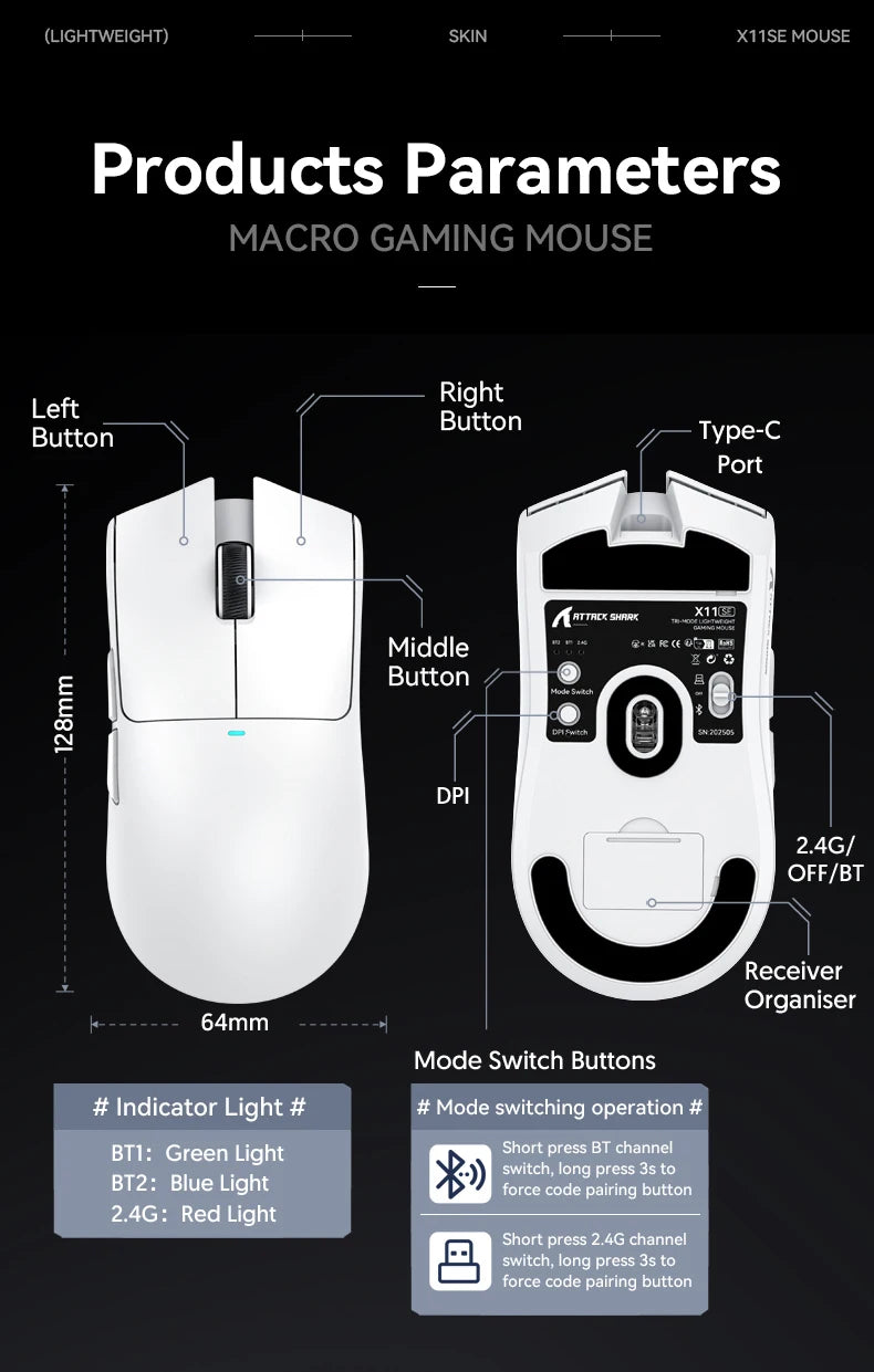 ATTACK SHARK X11SE Ultra-Light: 63g Wireless Gaming Mouse (22K DPI)