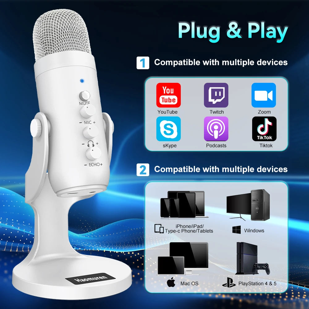Haomuren White Series – Professional USB Studio Mic for Content Creators