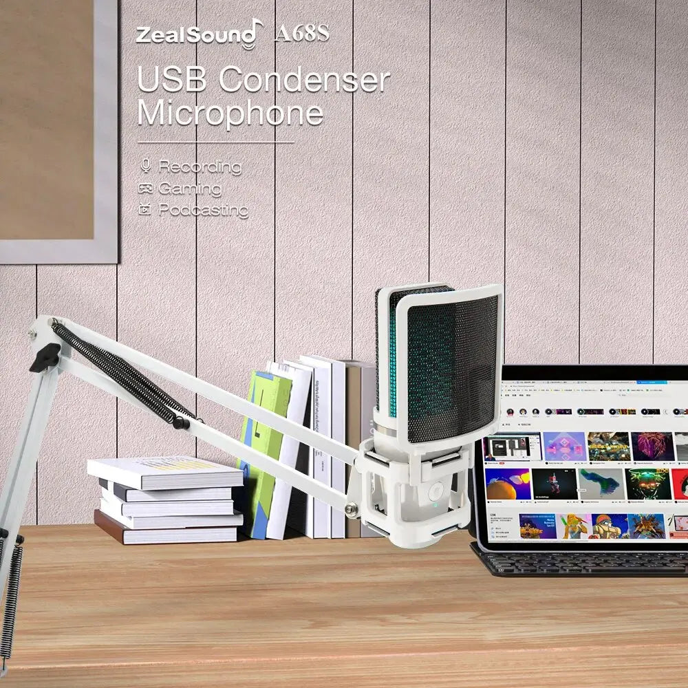 Zealsound RGB White | Professional USB Gaming Mic with Articulated Arm